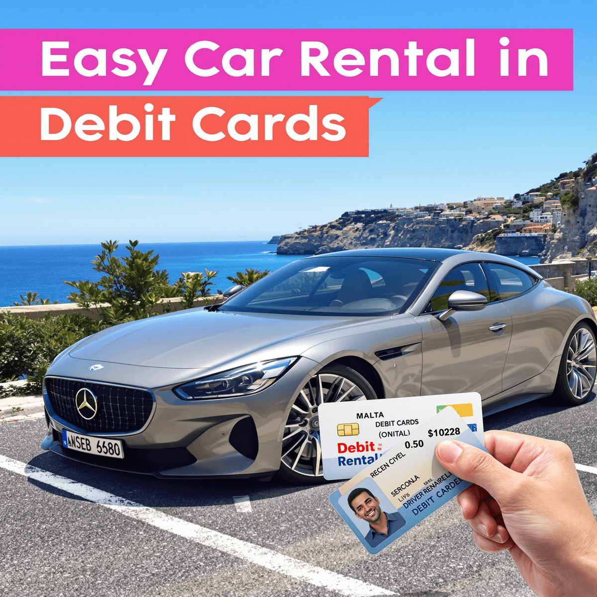 Une voiture de location élégante garée le long d'une route côtière maltaise sous un ciel bleu clair, avec une main tenant une carte de débit et un permis de conduire au premier plan.